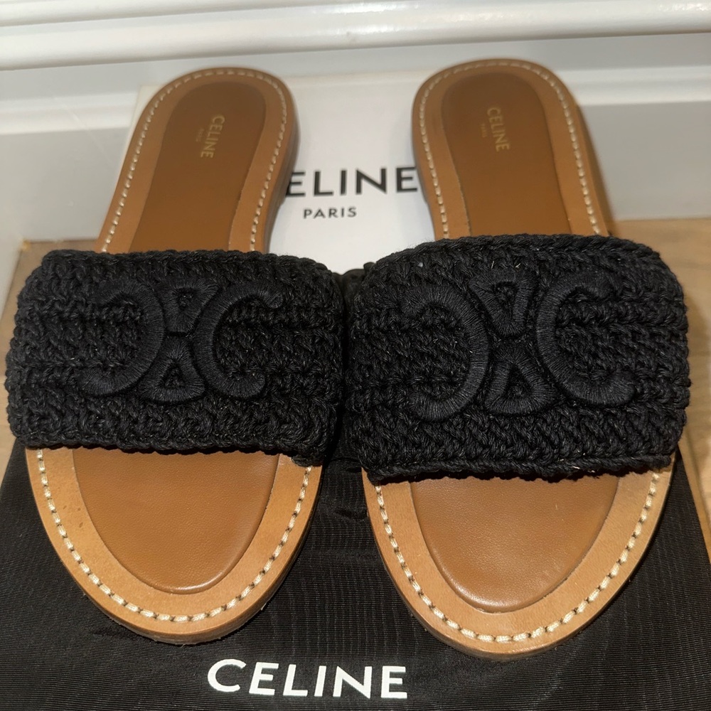 Celine Black and Tan Woven Sandals triomphe macrame mule size 38.5 slippers